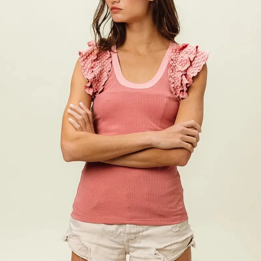 ✨NWT BiBi Rib Knit With Textured Ruffled‎ Top - Picture 5 of 16